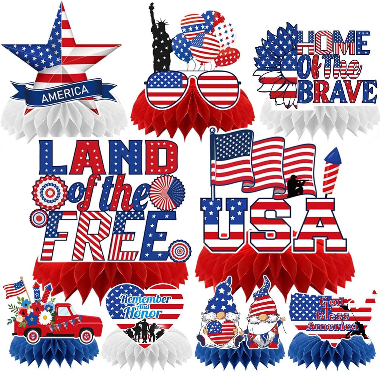 Memorial Day Patriotic Table Decorations Set (9PCS) – Red, White & Blue Honeycomb Centerpieces for Office, Home, 4th of July & American 250th Celebration Decor